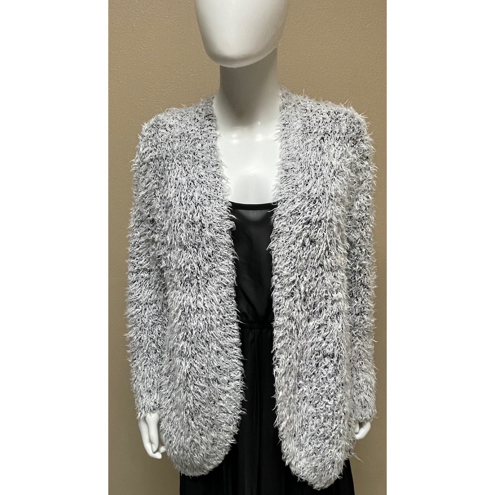 Kenzie Open Cardigan Womens M/L LightGrey Black Eyelash Knit Shaggy Fuzzy Cozy